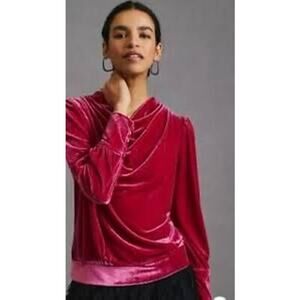NWT Anthropologie Velvet Drape Neck Top  Hot Pink Raspberry Color  Sz S MSRP $78